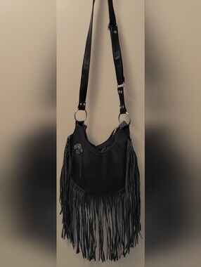 Black Leather Fringe Shoulder Bag - Stylish Everyday Tote